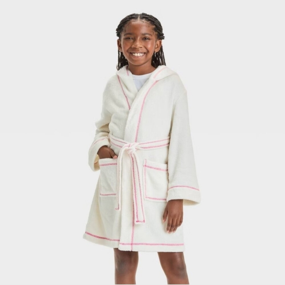 Cat & Jack White Kids Bath Robe With Pink Accents & Bear Ears Large 10/12 Nwt